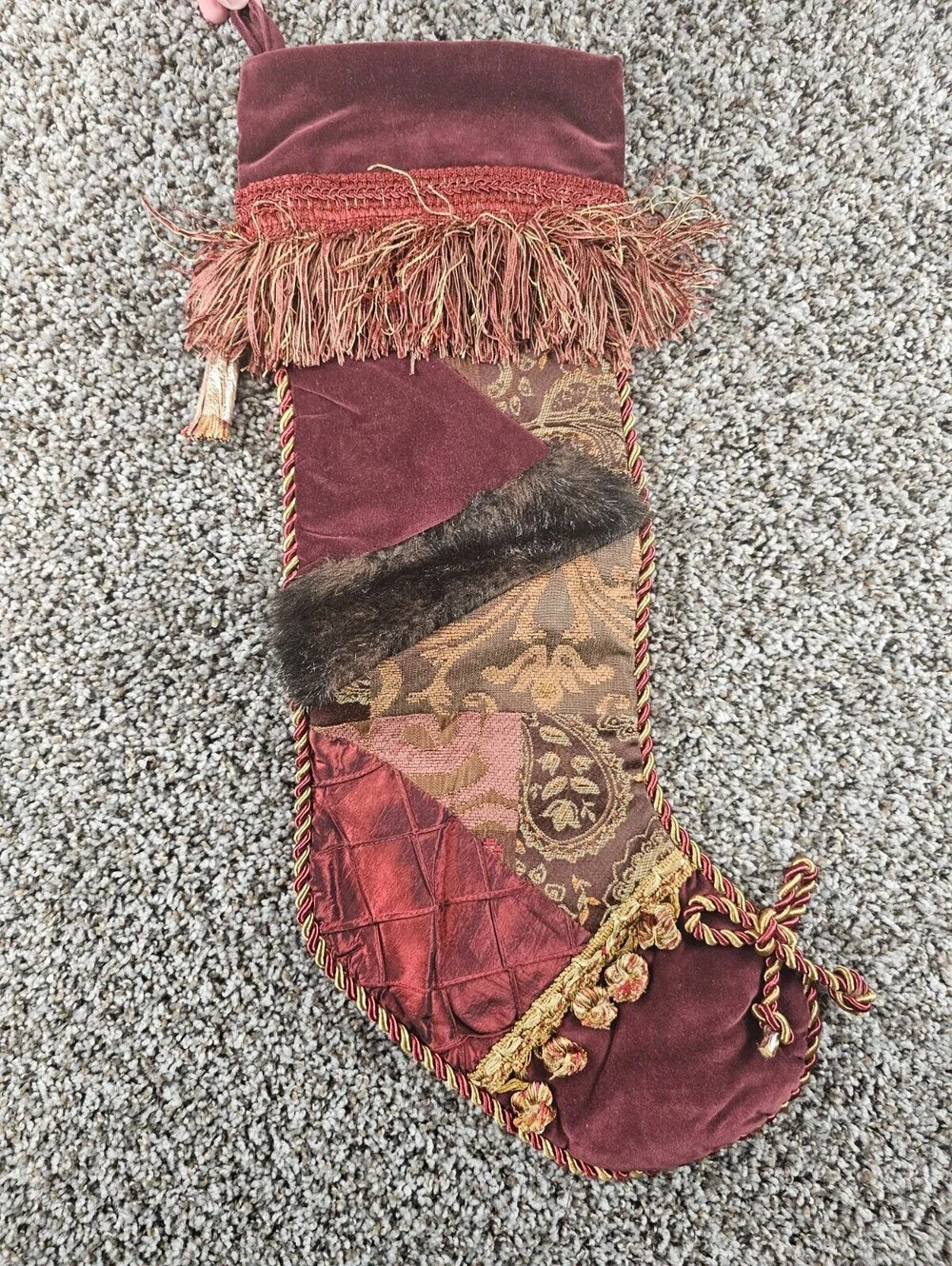 Vintage Victorian Style Burgundy & Gold Embellished Christmas Stocking Patchwork